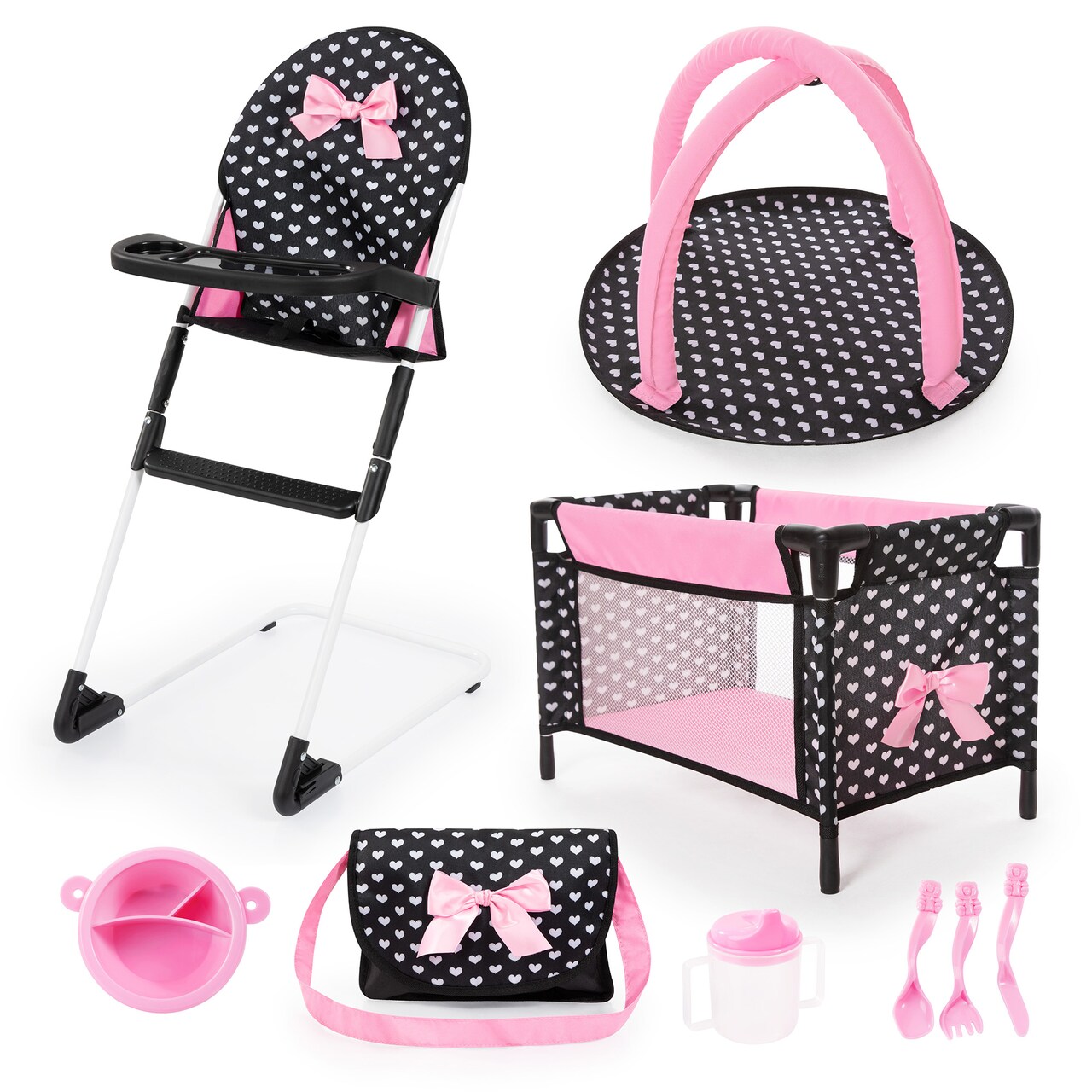 Bayer: Travel 9 Piece Set - Black, Pink, Hearts - Bed, Highchair, Playground & Accessories for Dolls Up to 18", Kids Toy, Ages 3+